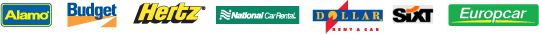 Major car rental providers including Alamo, Budget, Hertz, National, Dollar, Sixt, and Europcar